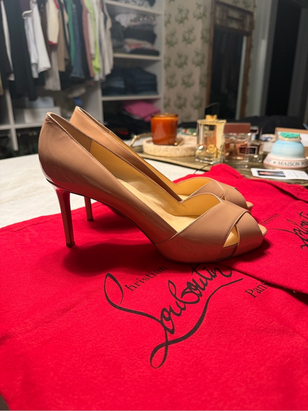 Christian Louboutin Nude Patent Leather Peep-Toe Pumps with Red Heel